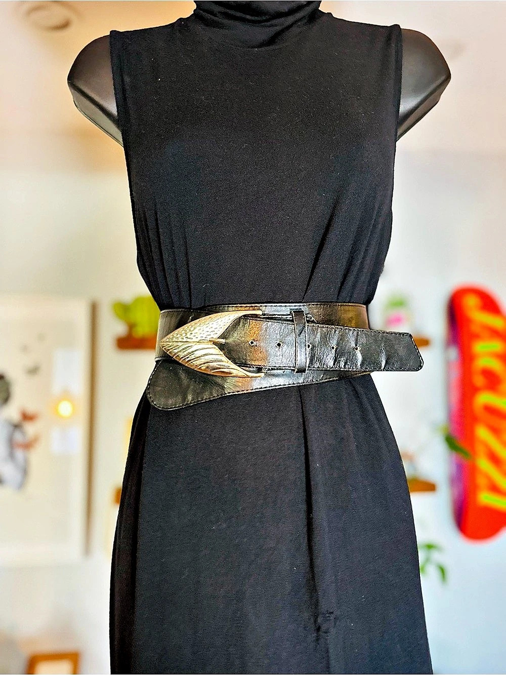 Vintage Style Black Faux Leather Wide Waist Belt - Fits 33"-38"